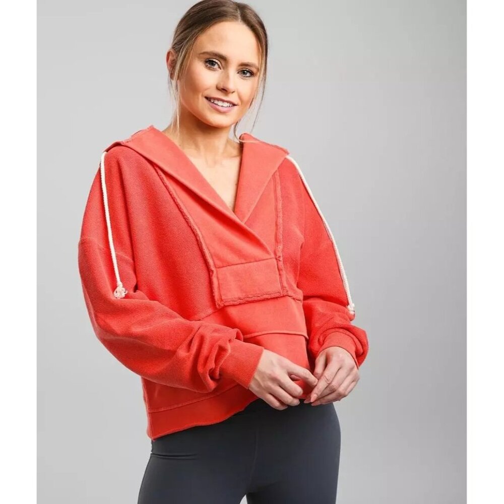 BKE Core Reverse Pieced French Terry Active Hoodie Women XS Coral Oversized Cozy